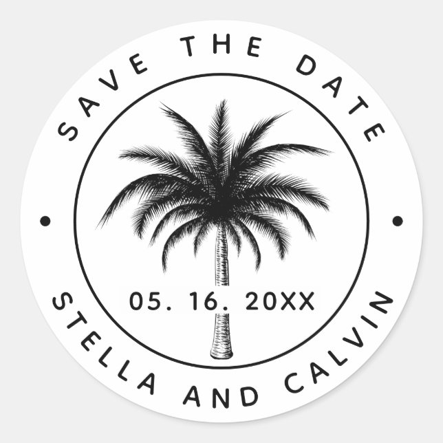 Tropical Palm Tree Save The Date Classic Round Sticker (Front)