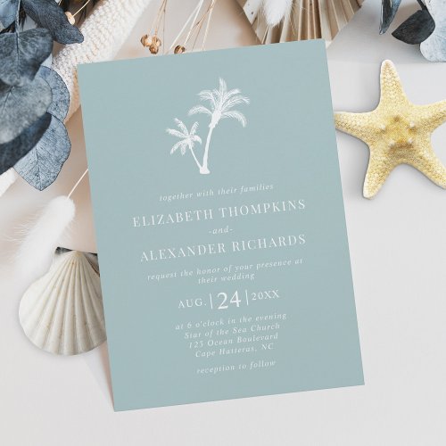 Tropical Palm Tree Sea Glass Minimal Beach Wedding Invitation