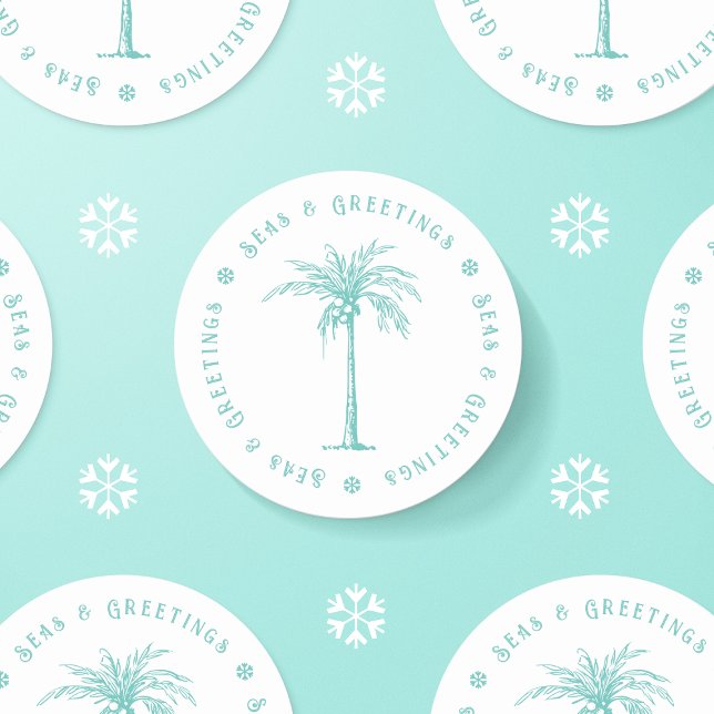 Tropical Palm Tree Seas and Greetings Christmas Classic Round Sticker (Tropical Palm Tree Seas and Greetings Christmas Classic Round Stickers)