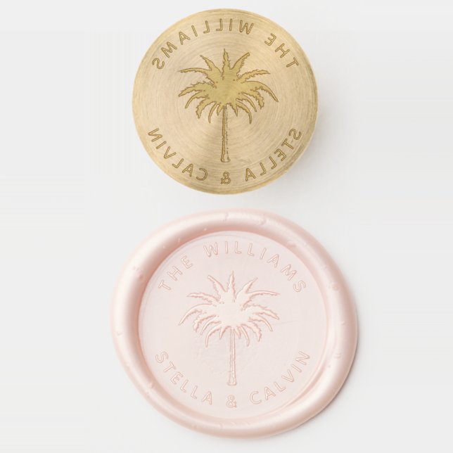 Tropical Palm Tree Silhouette Wedding Couple Name Wax Seal Stamp (Stamped)