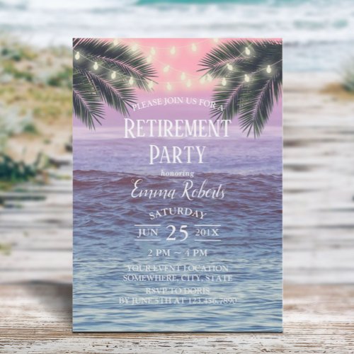 Tropical Palm Tree String Lights Beach Retirement Invitation