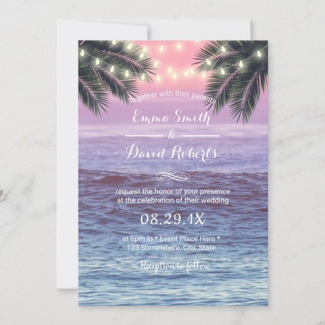 Tropical Palm Tree & String Lights Beach Wedding Invitation (Front)