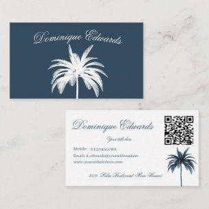 Tropical Palm Tree Stylish Blue White QR Business Business Card