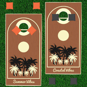 Tropical Palm Tree Summer Fun Vibes Brown Template Cornhole Set