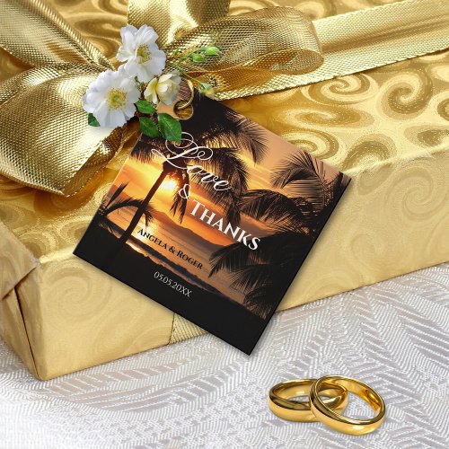 Tropical Palm Tree Sunset Beach Wedding Favor Tag