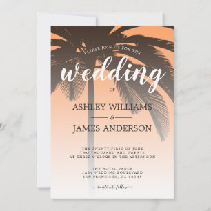 Tropical Palm Tree Sunset Beach Wedding Invitation