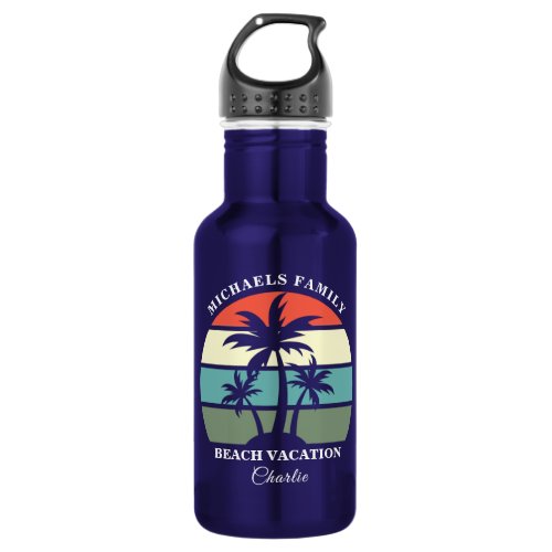 Tropical Palm Tree Sunset Custom Beach Vacation Stainless Steel Water Bottle