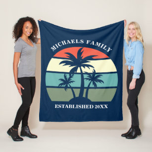 Tropical Palm Tree Sunset Custom Blue Beach House Fleece Blanket