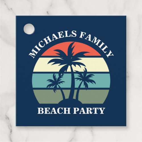 Tropical Palm Tree Sunset Custom Blue Beach Party Favor Tags