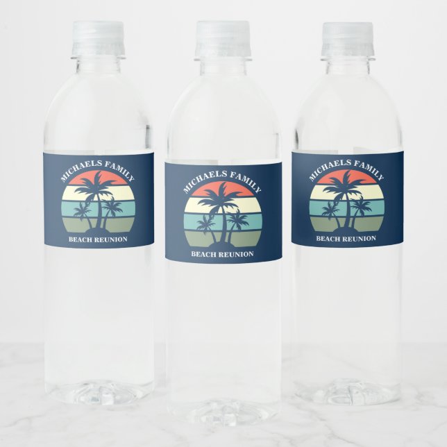Tropical Palm Tree Sunset Custom Blue Beach Party Water Bottle Label (Bottles)