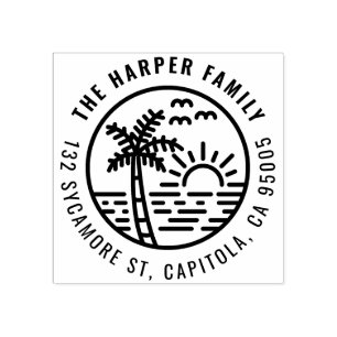 Tropical Palm Tree Sunset Family Return Address Rubber Stamp
