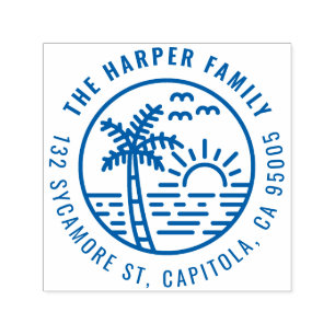 Tropical Palm Tree Sunset Family Return Address Self-inking Stamp