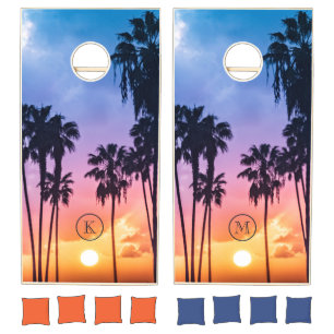 Tropical Palm Tree Sunset Initial Monogram Cornhole Set