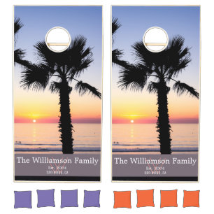 Tropical Palm Tree Sunset Monogram Family Cornhole Set