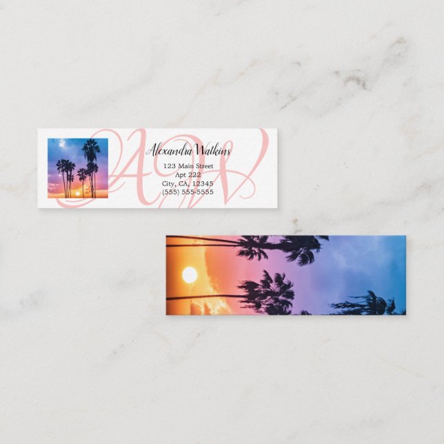 Tropical Palm Tree Sunset Monogram Mini Business Card (Front/Back)