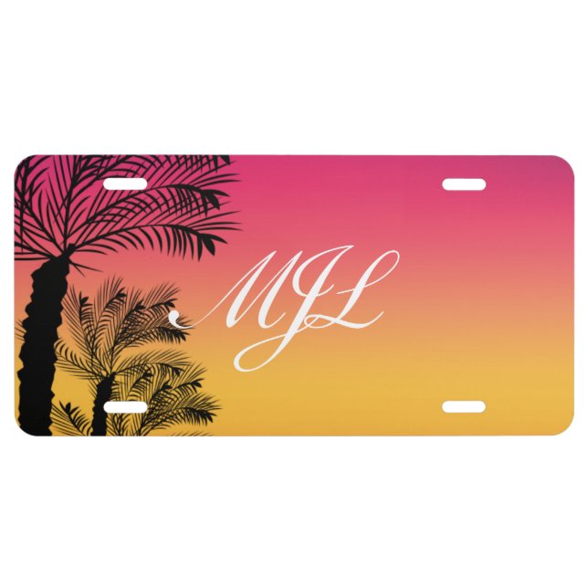 Tropical Palm Tree Sunset Monogrammed  License Plate (Front)