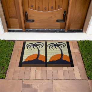 Tropical Palm Tree Sunset Natural Crochet Print on Doormat