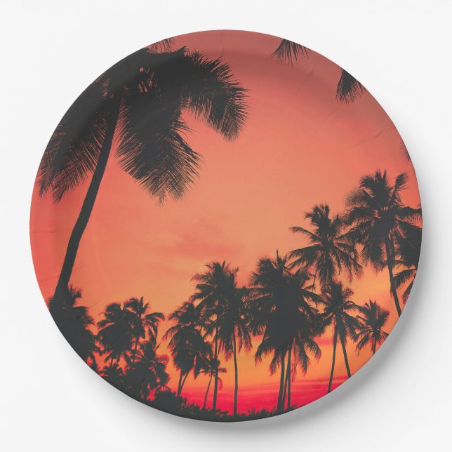 Tropical Palm Tree Sunset Paper Plates (Front)
