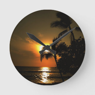 Tropical Palm Tree Sunset Round Clock
