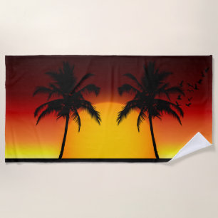 Tropical Palm Tree Sunset Silhouette Beach Towel