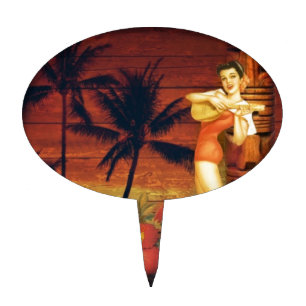 tropical Palm Tree totem pole hawaiian girl aloha Cake Topper