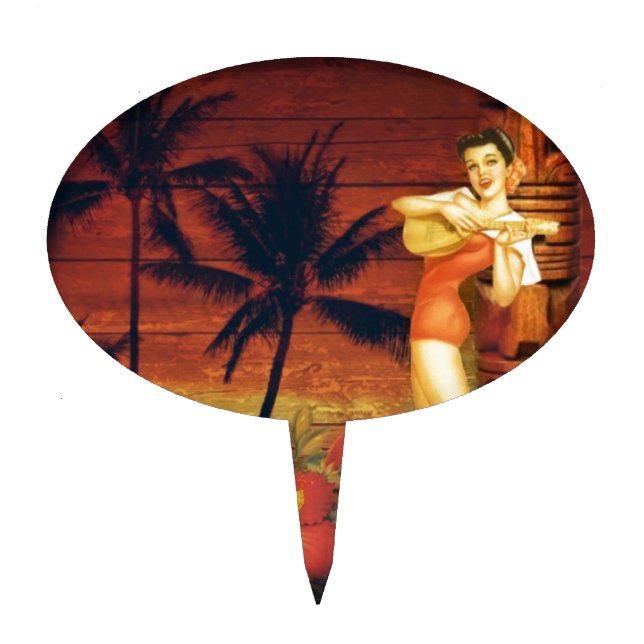tropical Palm Tree totem pole hawaiian girl aloha Cake Topper (Front)