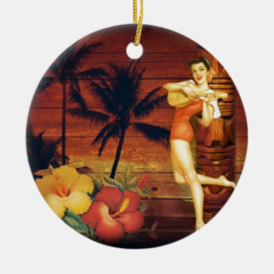 tropical Palm Tree totem pole hawaiian girl aloha Ceramic Ornament