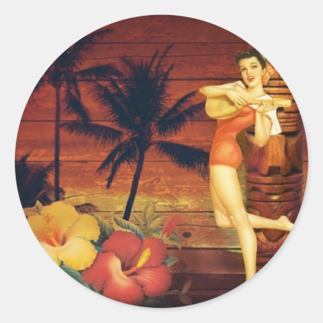 tropical Palm Tree totem pole hawaiian girl aloha Classic Round Sticker (Front)