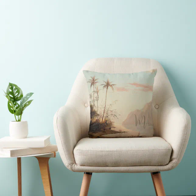 Image showcasing Tropical Palm Tree Vintage Elegant Monogram Throw Pillow | Zazzle