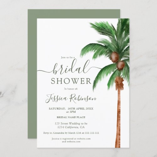 Tropical palm tree watercolor green bridal shower invitation