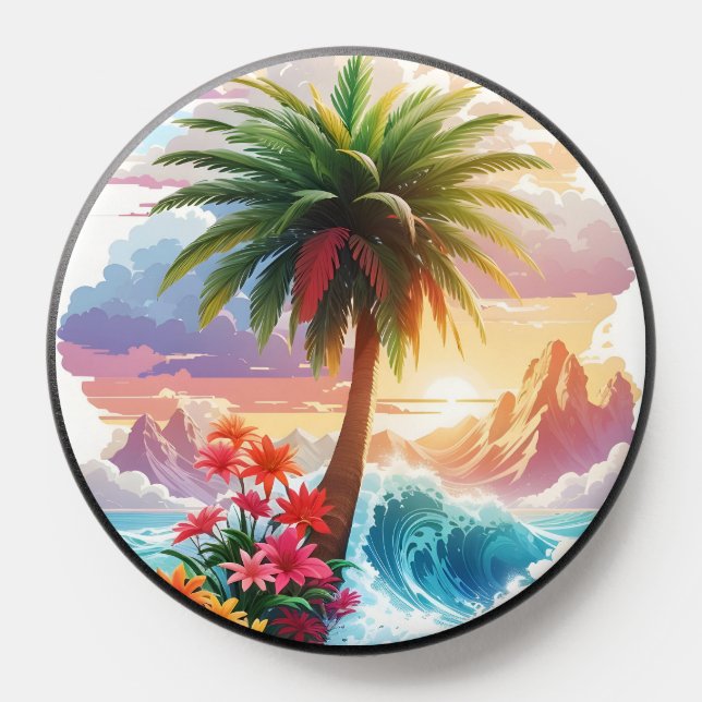 Tropical Palm Tree, Waves and Flowers  PopSocket (Popsocket)