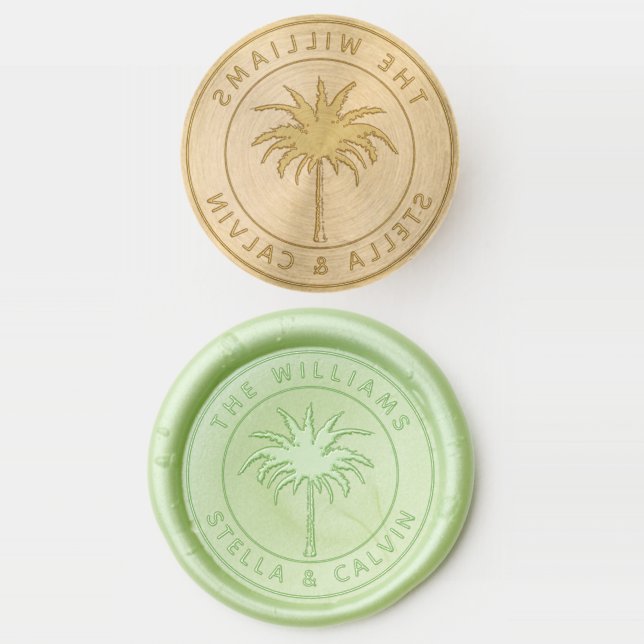 Tropical Palm Tree Wedding Couple Name Wax Seal Stamp (Stamped)
