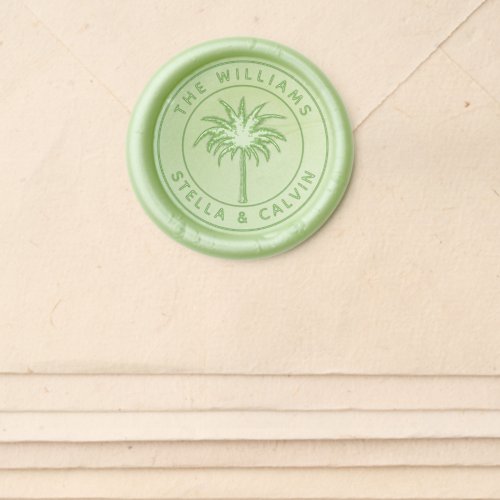 Tropical Palm Tree Wedding Couple Name Wax Seal Sticker