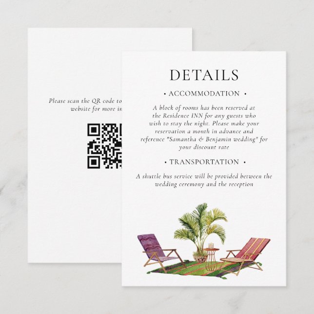 Tropical Palm Tree Wedding Details QR Code Enclosure Card (Front/Back)