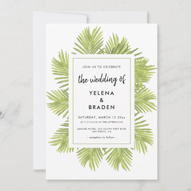 Tropical palm tree wedding invitation (Front)