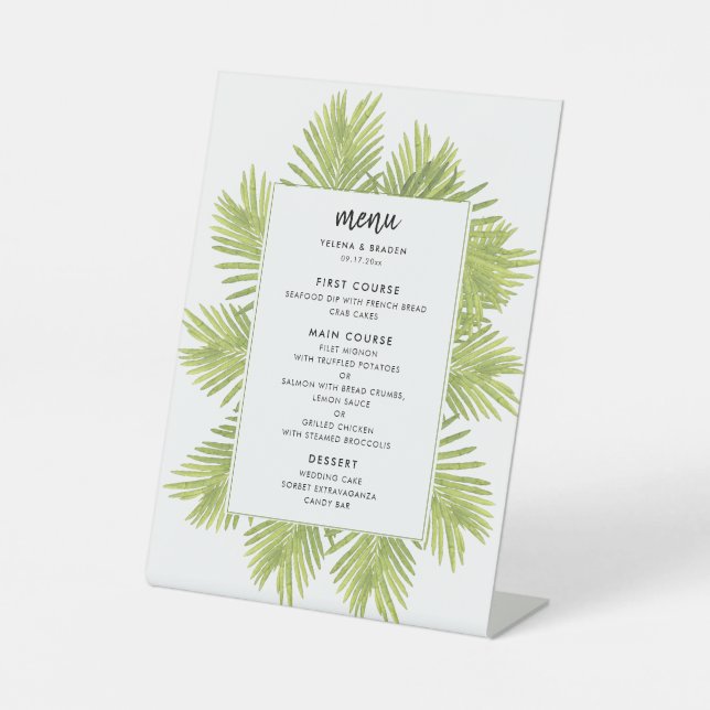 Tropical palm tree wedding menu pedestal sign (Front)