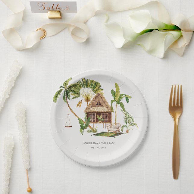 Tropical Palm Tree Wedding Paper Plates (Wedding)