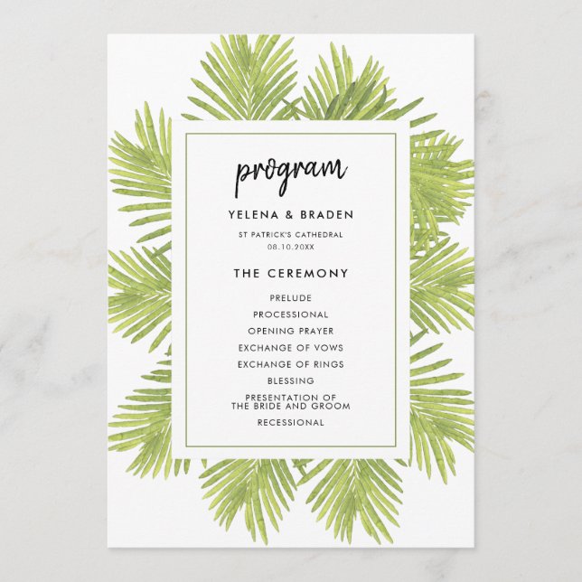 Tropical palm tree wedding program (Front)