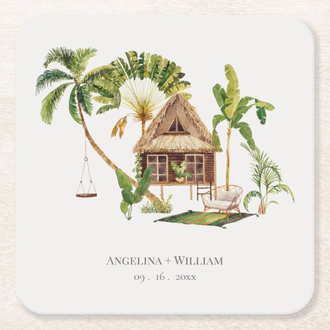 Tropical Palm Tree Wedding Square Paper Coaster (Front)
