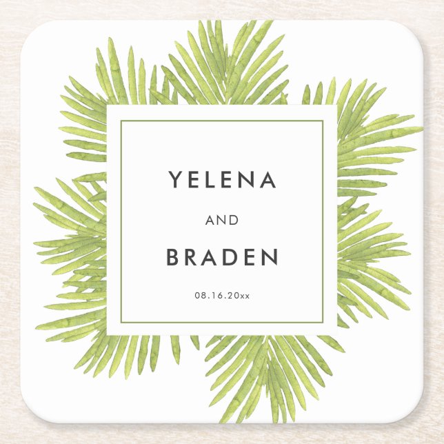 Tropical palm tree wedding square paper coaster (Front)