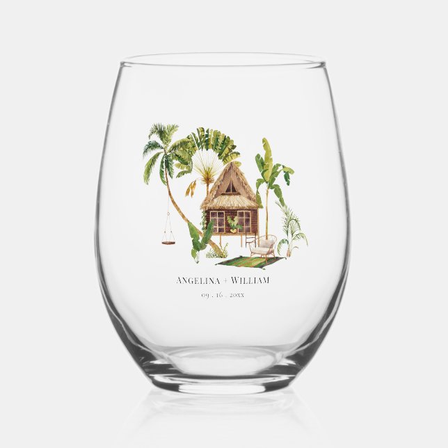 Tropical Palm Tree Wedding Stemless Wine Glass (Front)