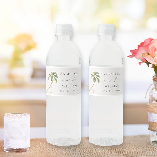 Tropical Palm Tree Wedding Water Bottle Label