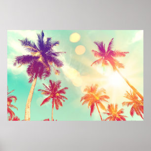 Tropical palm tree with colorful bokeh sun light o poster