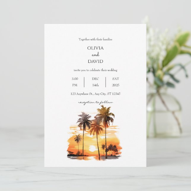 Tropical Palm Trees Against Beach Sunset Wedding  Invitation (Standing Front)