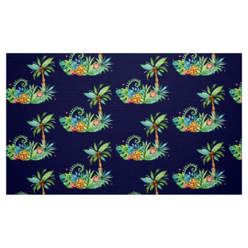 Tropical Palm Trees and Floral on Navy Fabric