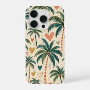 Tropical Palm Trees and Hearts on Cream iPhone 15 Pro Case