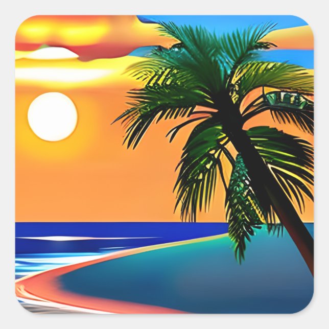 Tropical Palm Trees and Ocean Colorful Square Sticker (Front)