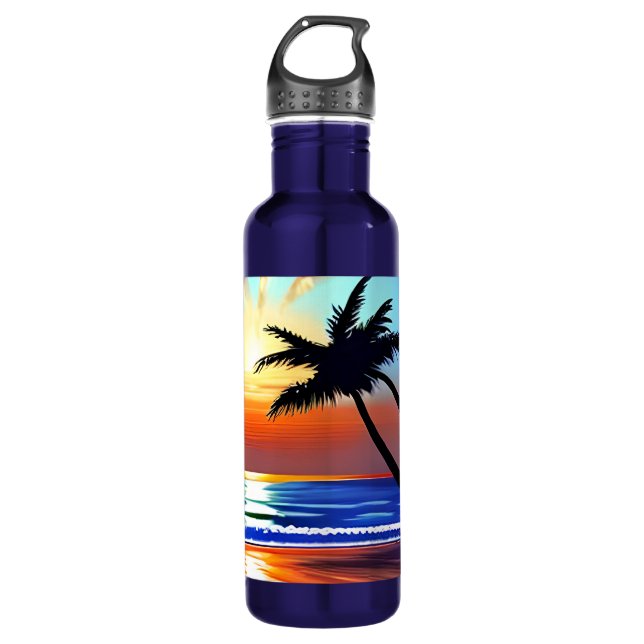 Tropical Palm Trees and Ocean Colorful Stainless Steel Water Bottle (Front)