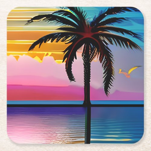 Tropical Palm Trees and Ocean Square Paper Coaster