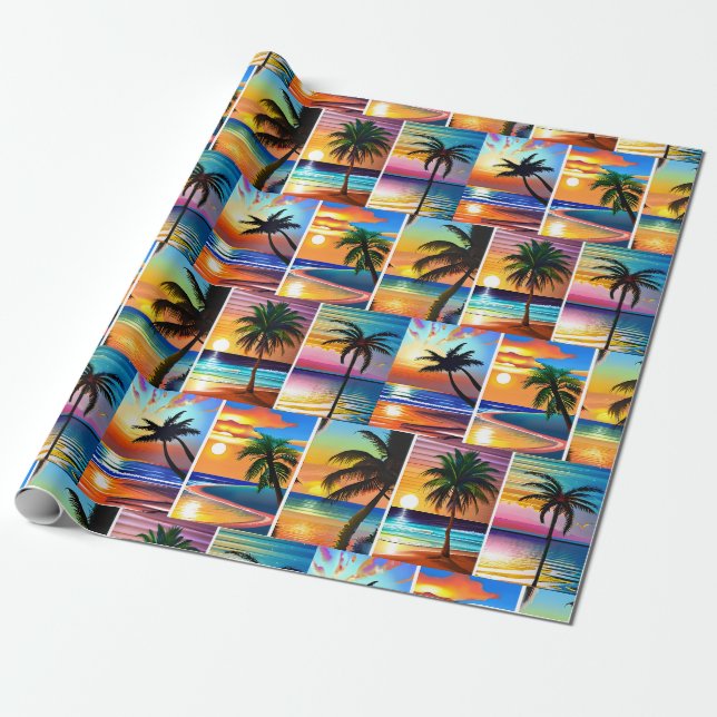 Tropical Palm Trees and Sunsets Wrapping Paper (Unrolled)